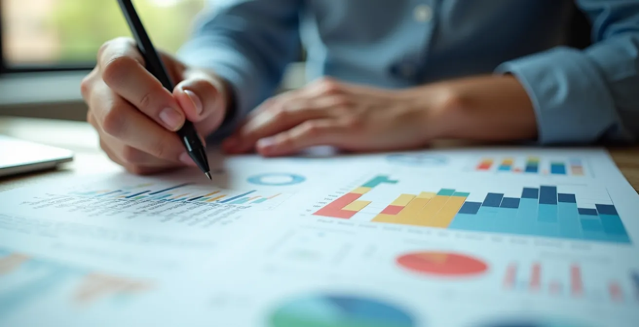 Modern analyst workspace with multiple data visualization displays showing market analytics