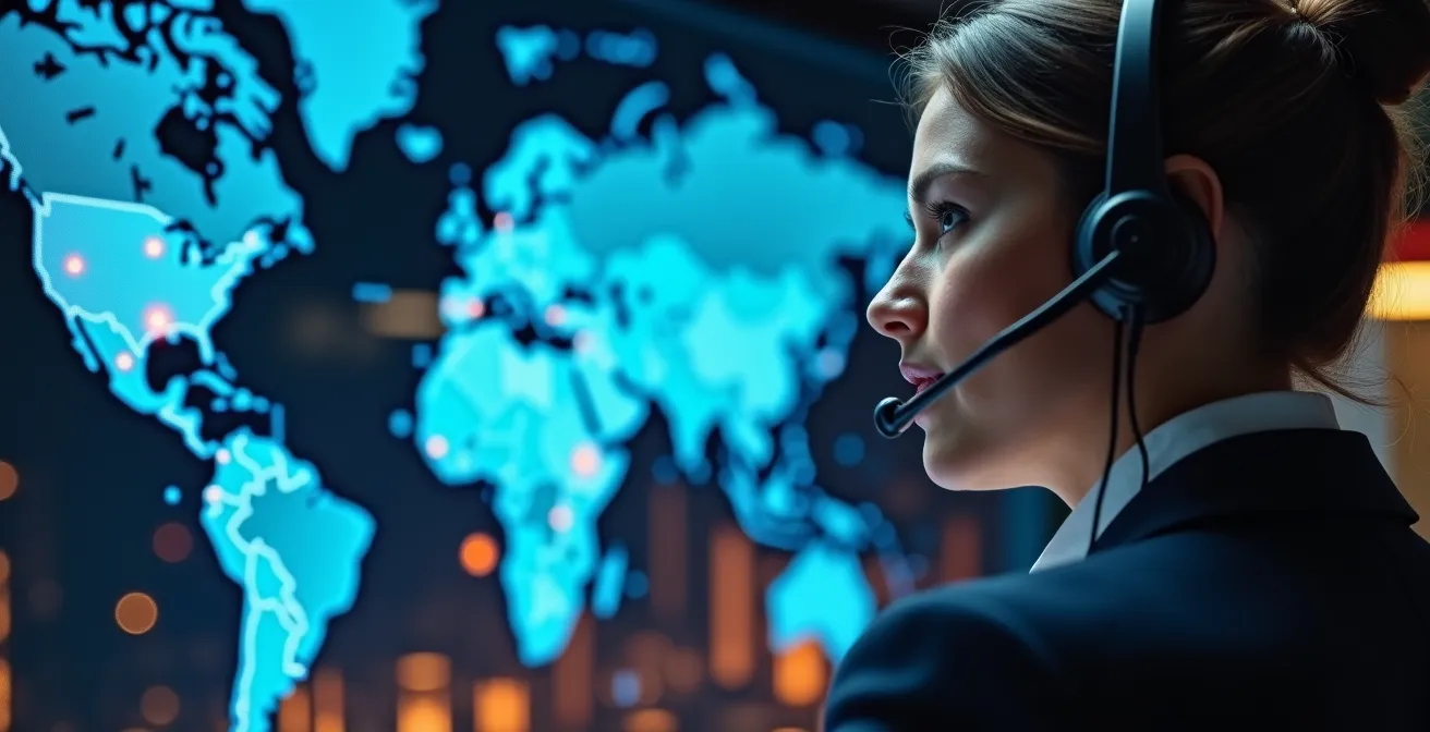 Customer service representative using translation technology in a minimalist office setting