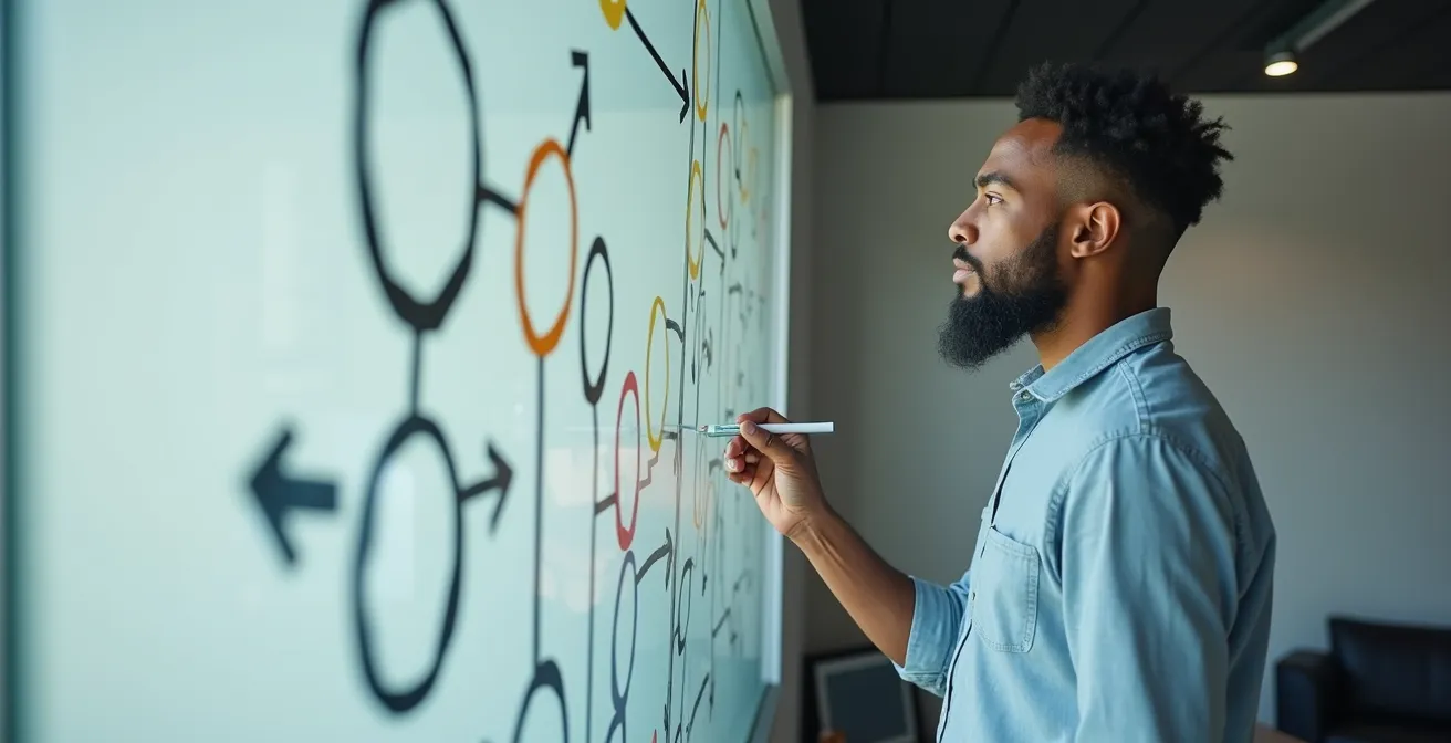 Business owner mapping export processes on a timeline board in a modern workspace