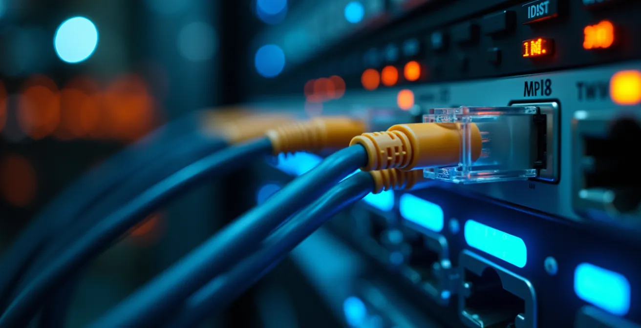 Close-up macro shot of network cables and connection ports with flowing light patterns representing data exchange
