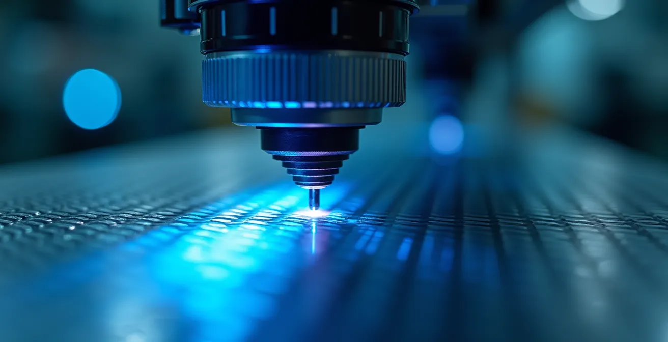 Extreme close-up of automated vision system inspecting product surface