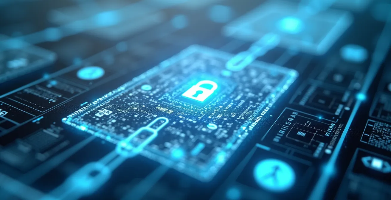 Macro shot of secure document verification chain with cryptographic elements