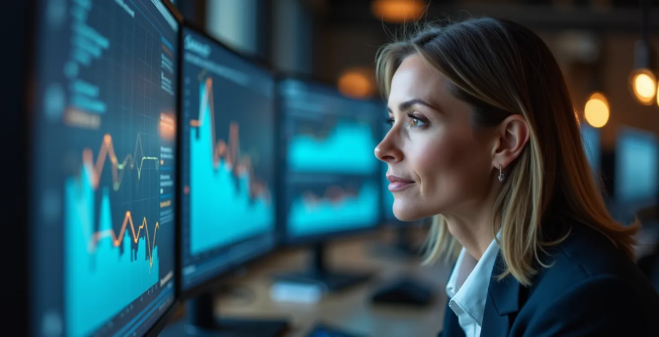 Executive reviewing quality metrics on multiple monitoring screens