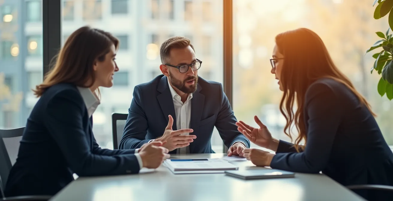 Business professionals in modern meeting room discussing strategy with abstract data visualization in background