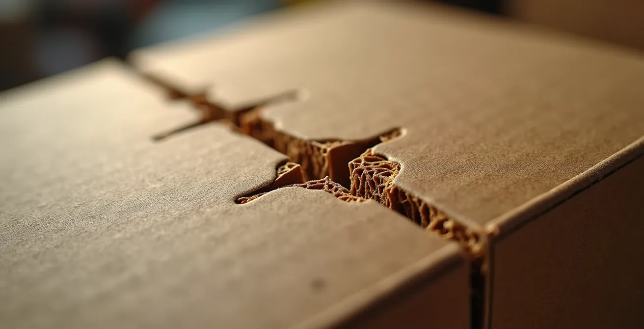 Macro view of packaging material showing stress patterns from vibration damage