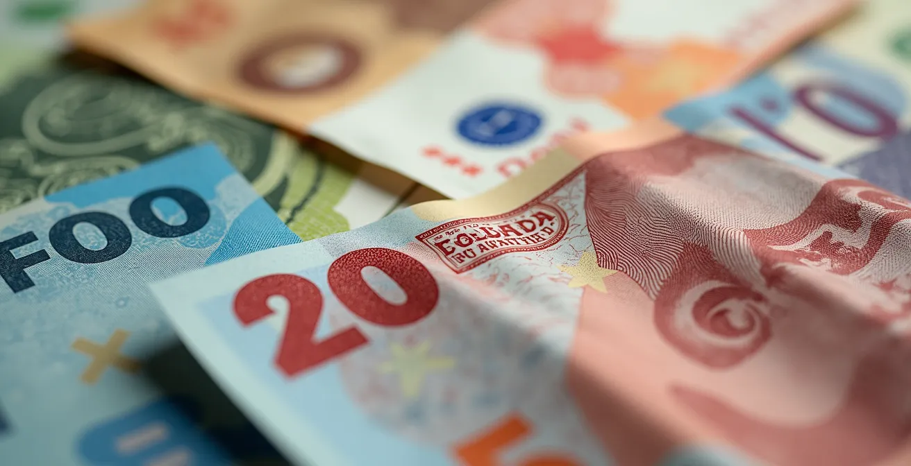 Macro shot of international currency with abstract export pathway patterns