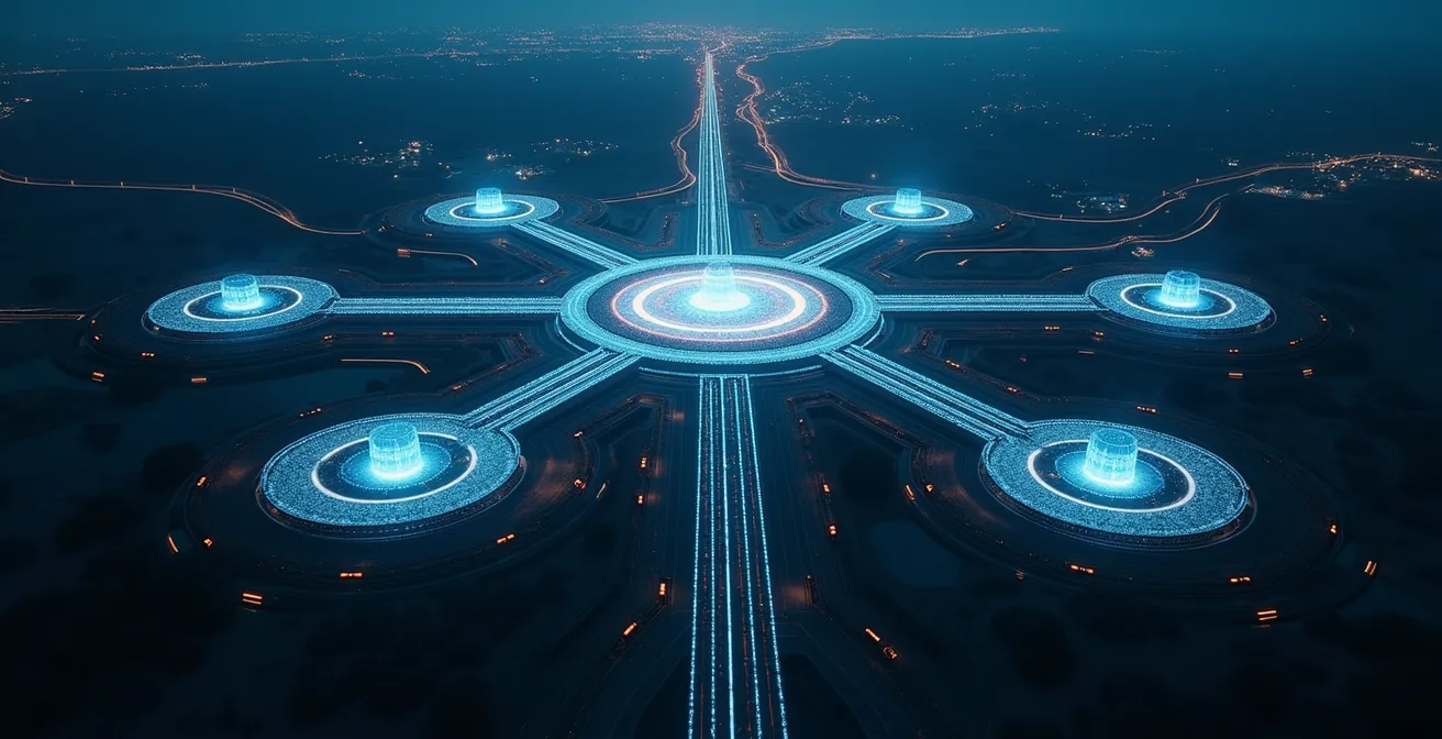 Aerial view of multiple distribution centers connected by transport routes forming an optimized network pattern