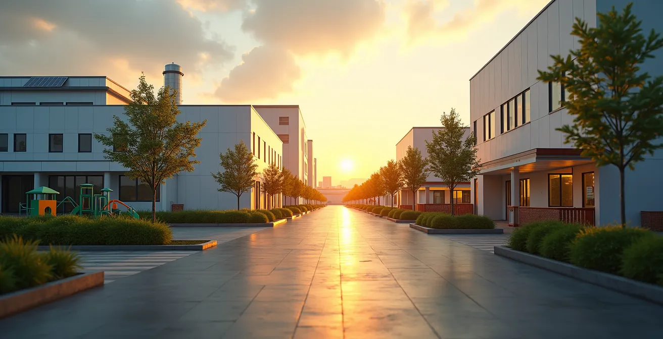 Modern factory integrated within local community in emerging market