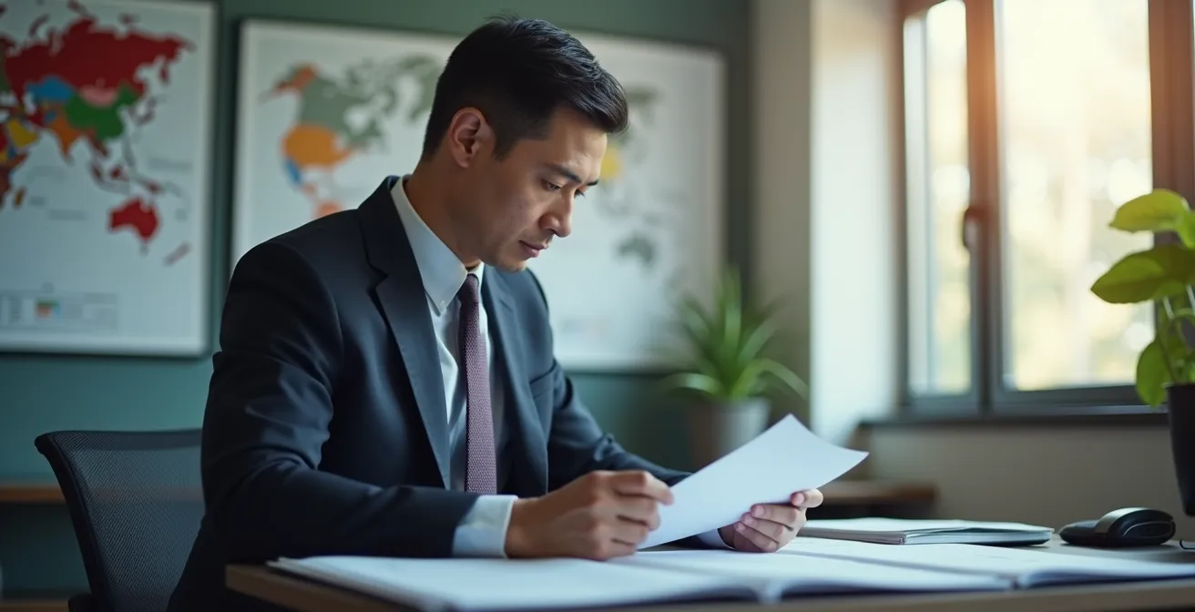 Professional analyzing compliance metrics and risk assessment data in modern office