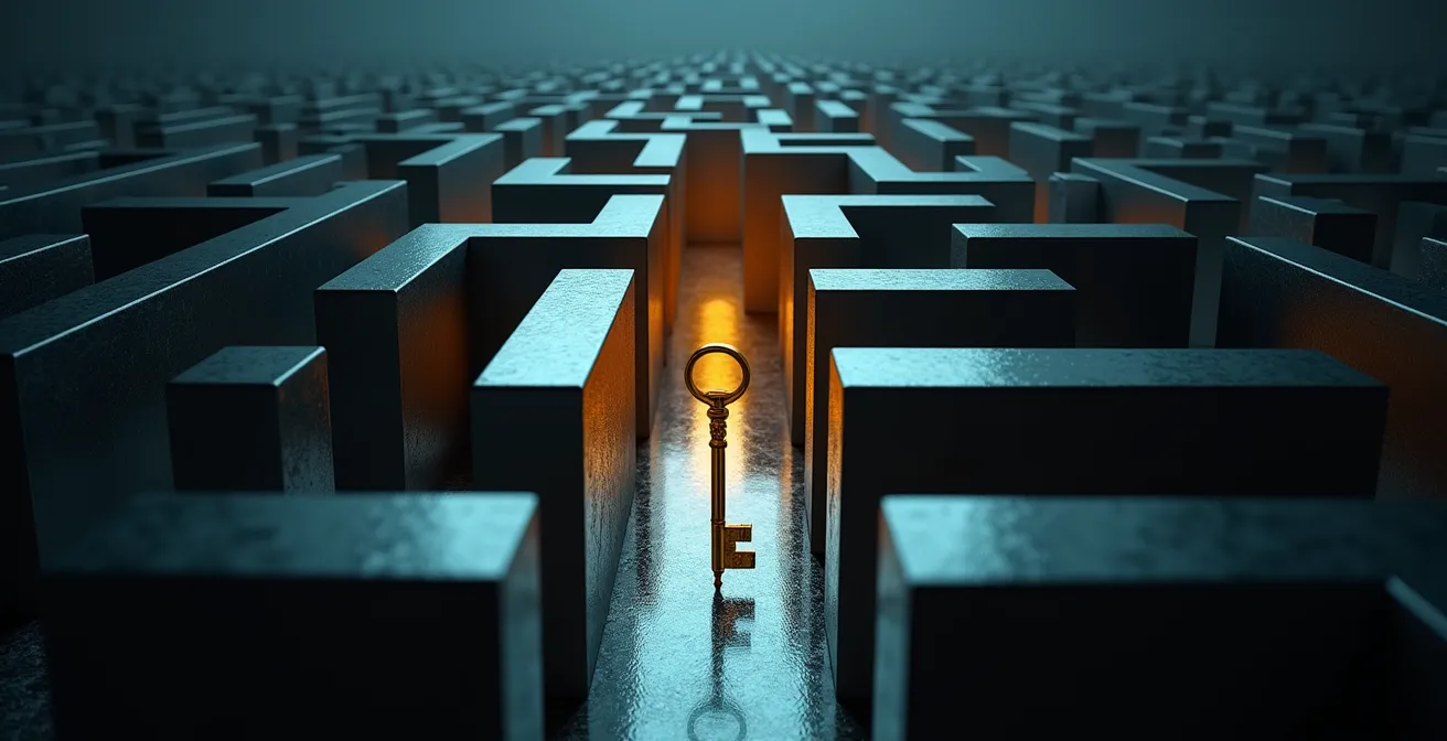 Abstract representation of regulatory complexity showing intertwining pathways and barriers