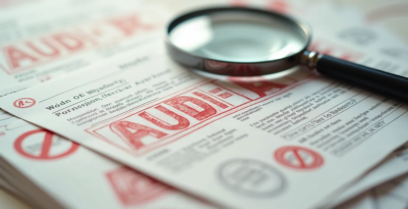 Macro view of customs classification documents with audit markings