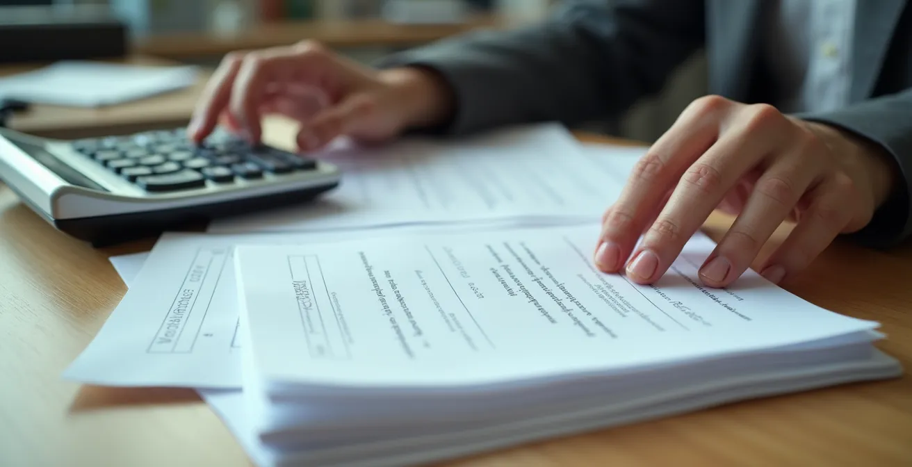 Hands organizing shipping documents on desk with calculator and computer in background