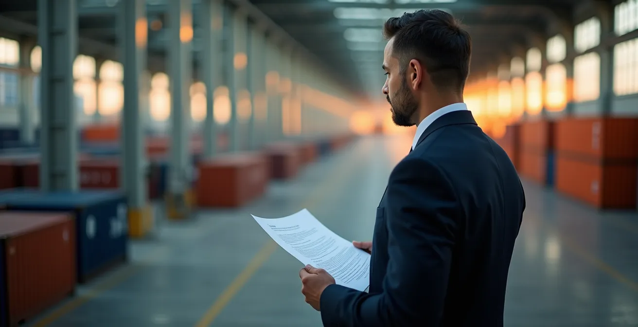 Customs official examining trade documents at shipping facility