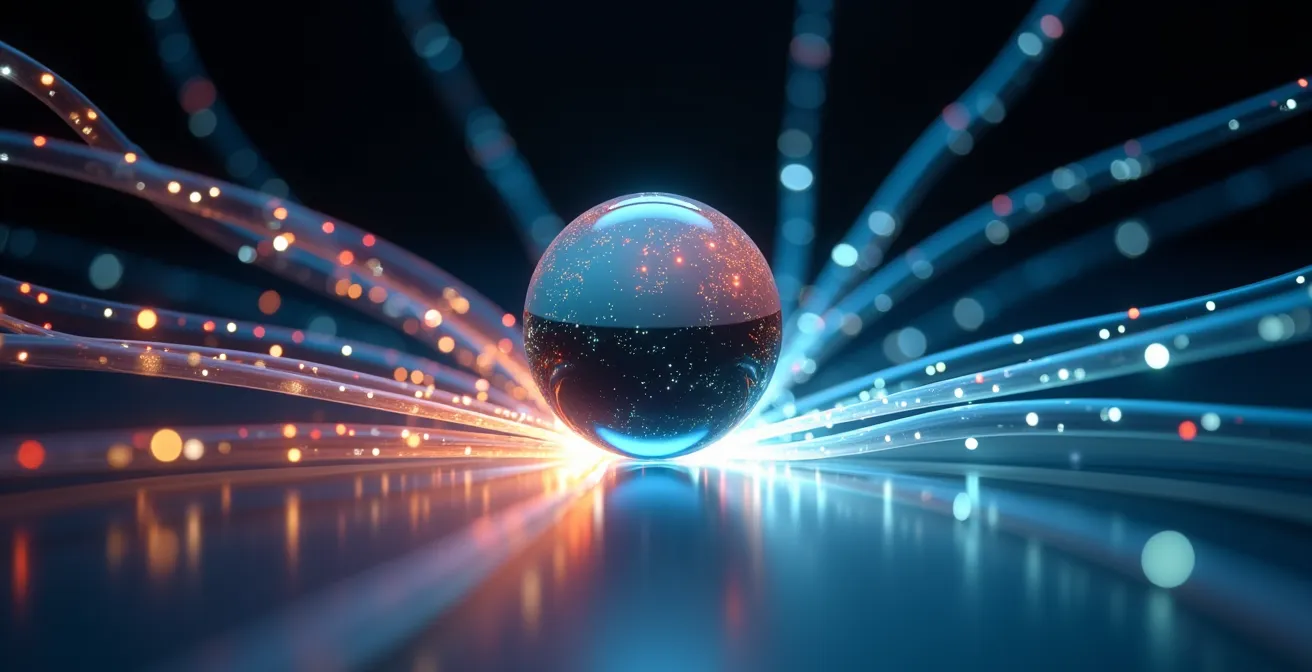 Abstract visualization of data streams converging into a unified system