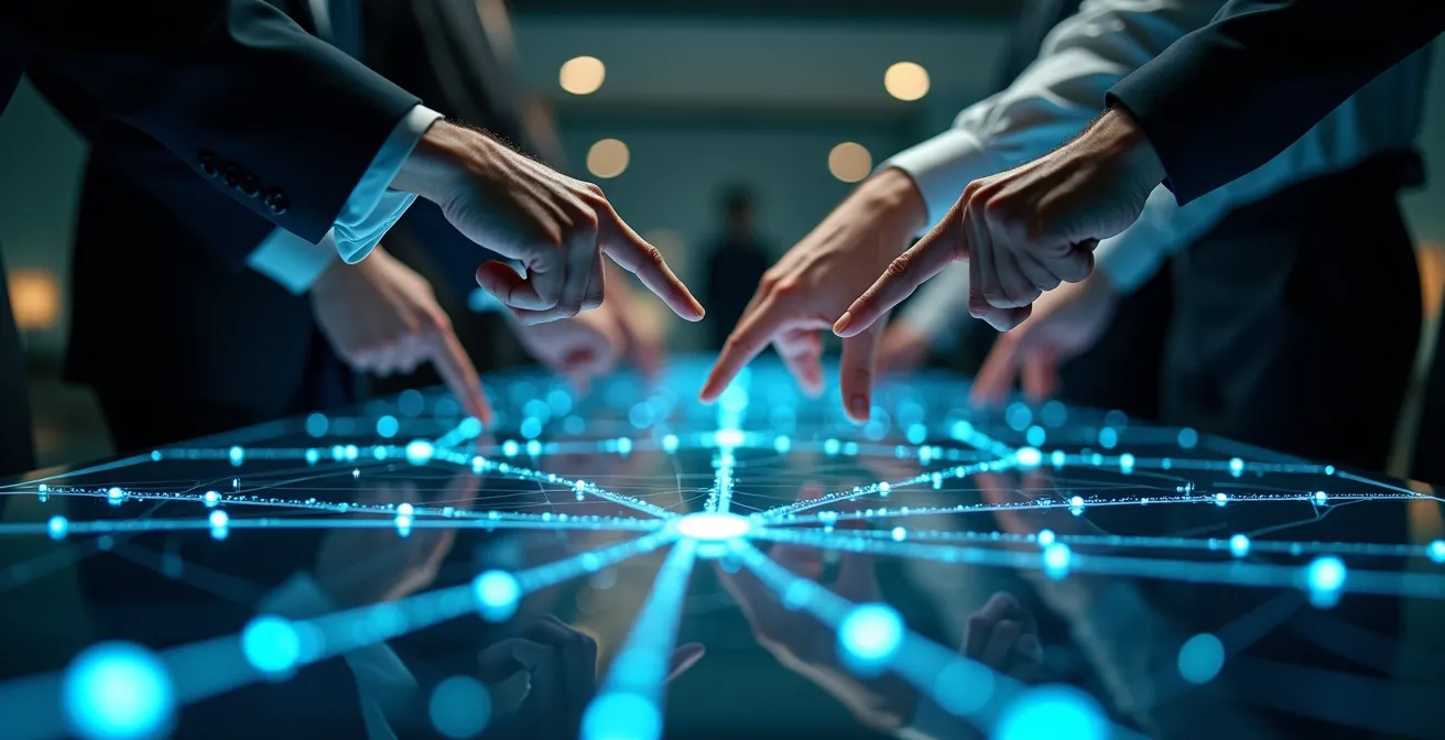 Business team analyzing decision-making flow chart