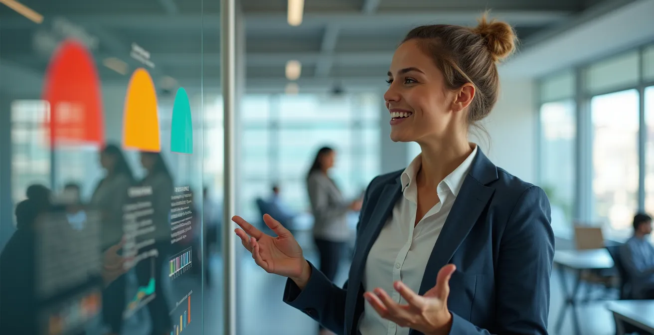 Professional analyzing incentive performance metrics on transparent display board