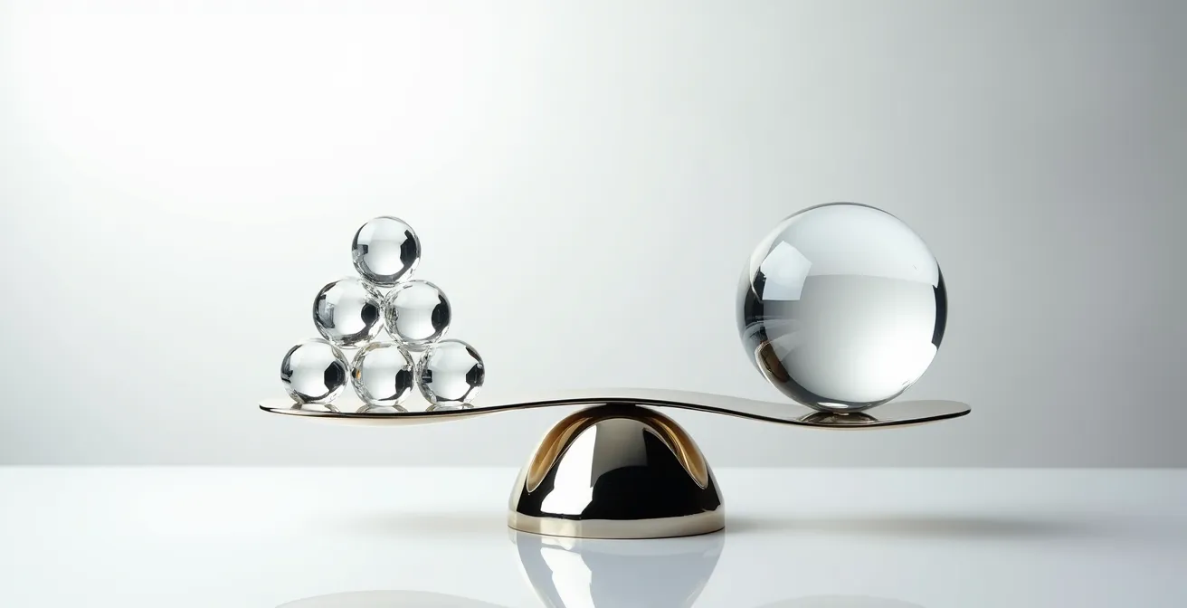 Abstract representation of pricing curves showing a scale balancing a large volume of small spheres (penetration) against a single large crystal (skimming)