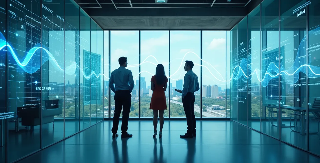 Corporate professionals analyzing ESG data dashboards in modern office