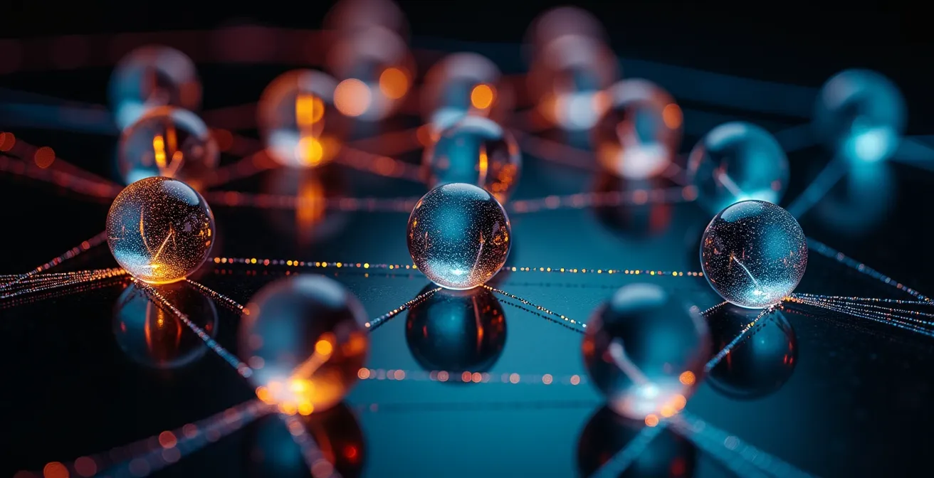 Abstract visualization of interconnected supply chain nodes sharing encrypted data insights