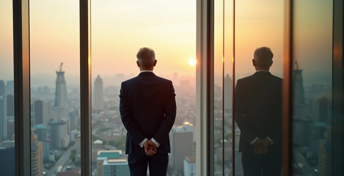 Senior executive overlooking international business landscape from modern office tower