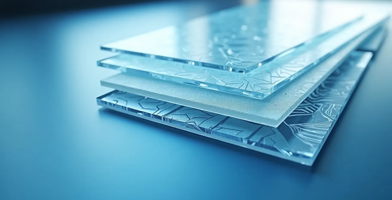 Macro photograph of layered transparent sheets representing multiple layers of payment protection