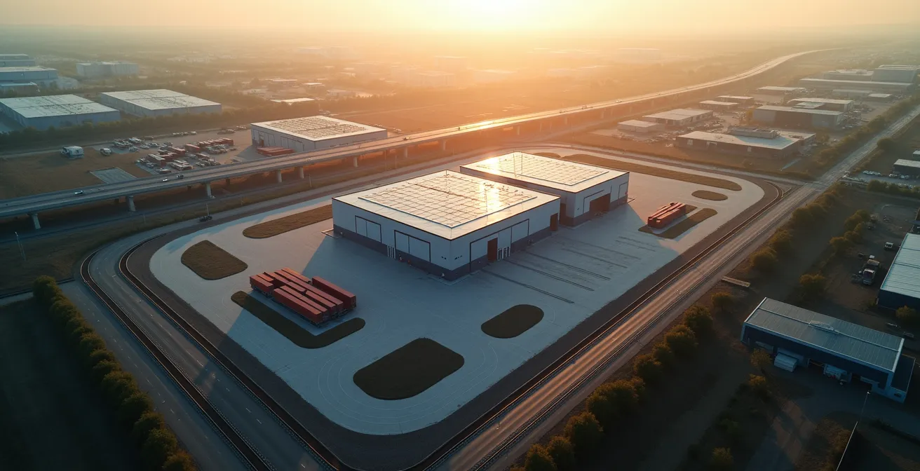 Aerial perspective of interconnected distribution centers forming hub and spoke pattern