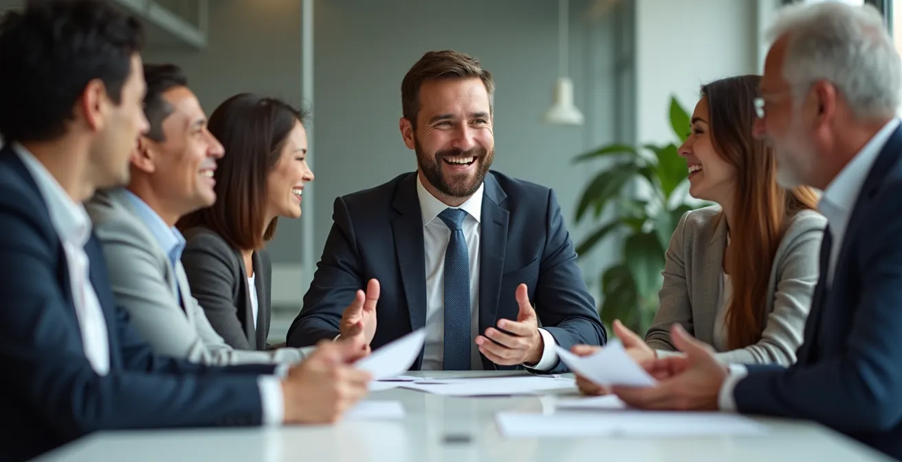 Business professionals in animated discussion showing genuine emotion and engagement