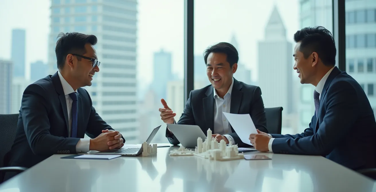 Split composition showing expat and local business leaders collaborating in modern office space