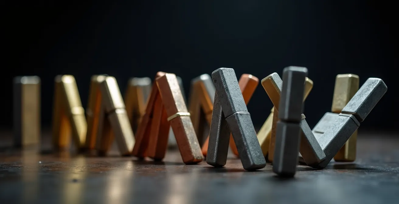 Visual representation of inflation effects cascading through supply chain stages like dominoes.