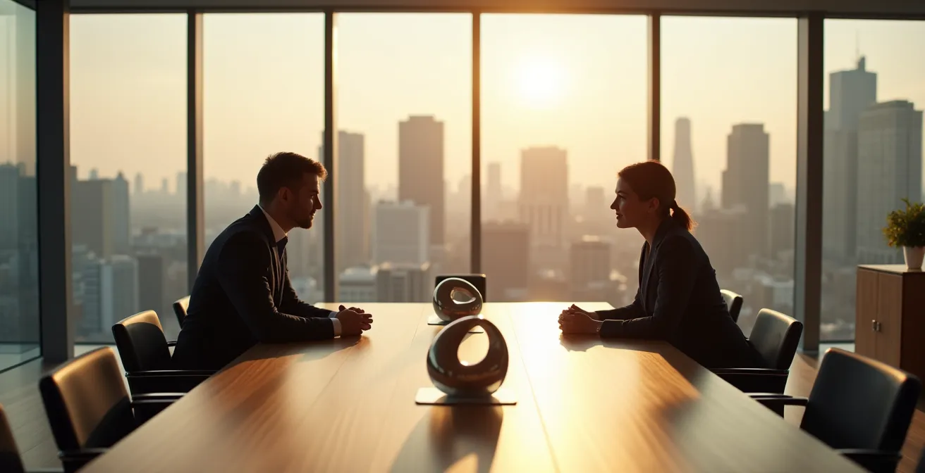 Business professionals reviewing contract documents in a modern conference room