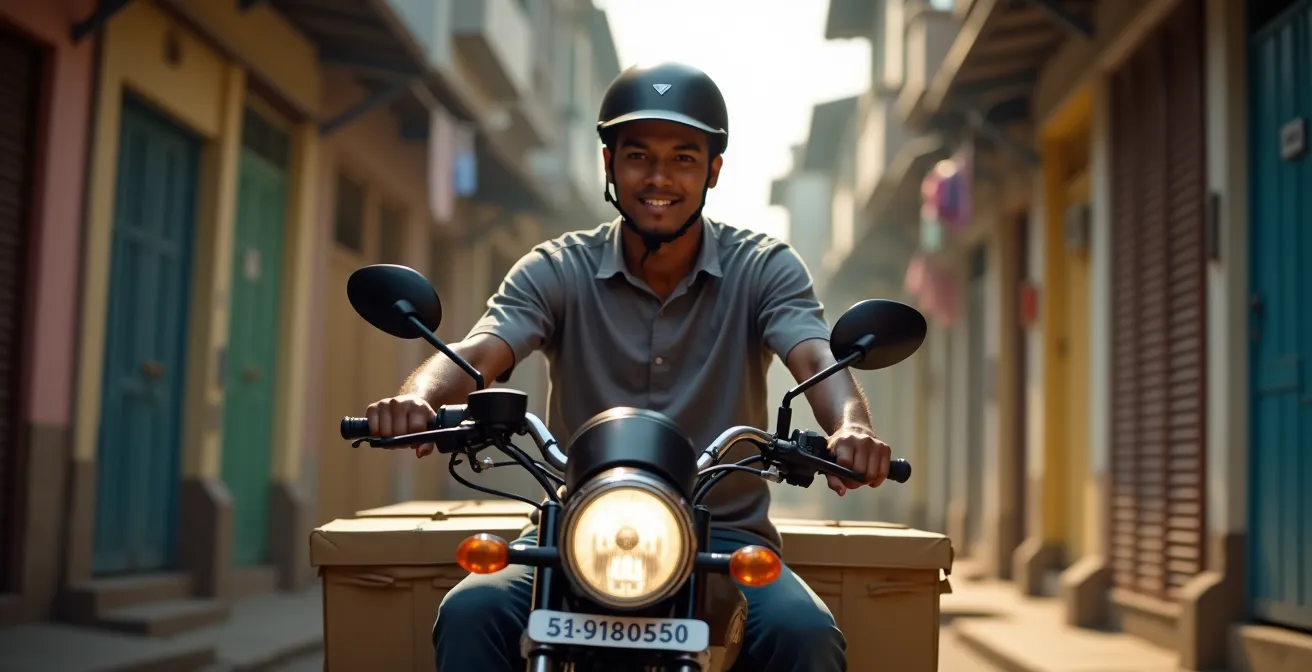 Delivery rider navigating narrow alleyway in dense urban emerging market neighborhood