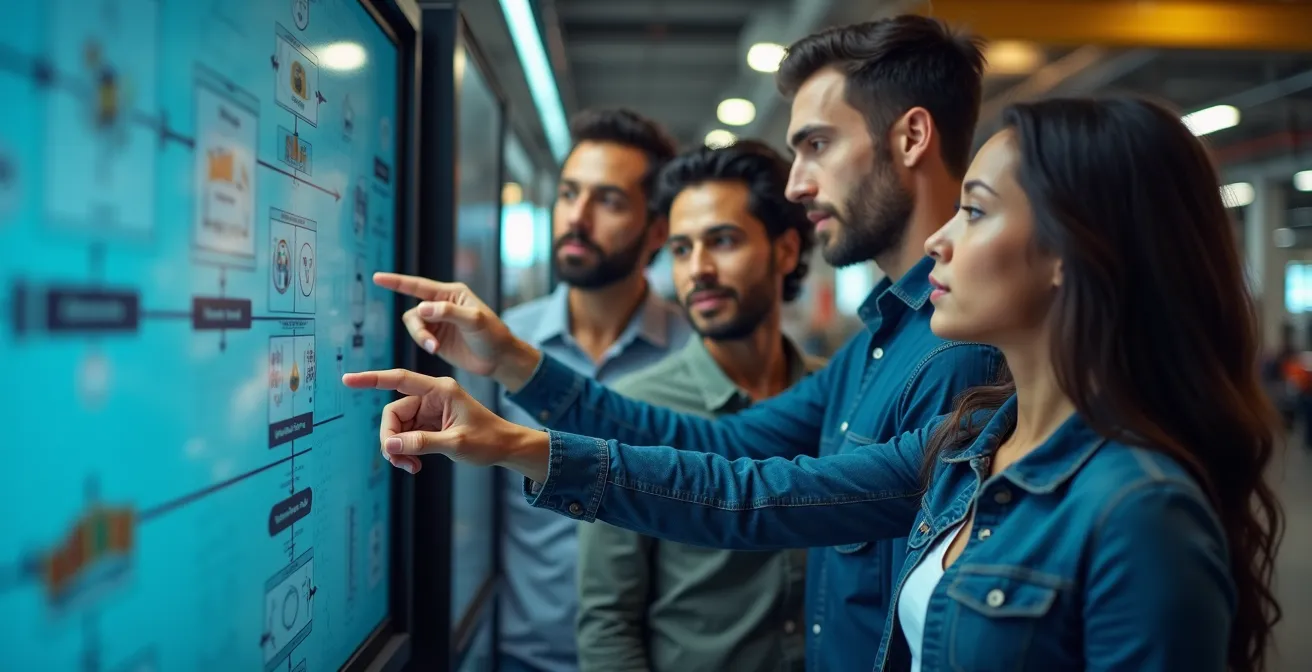Manufacturing team analyzing value stream map on digital display