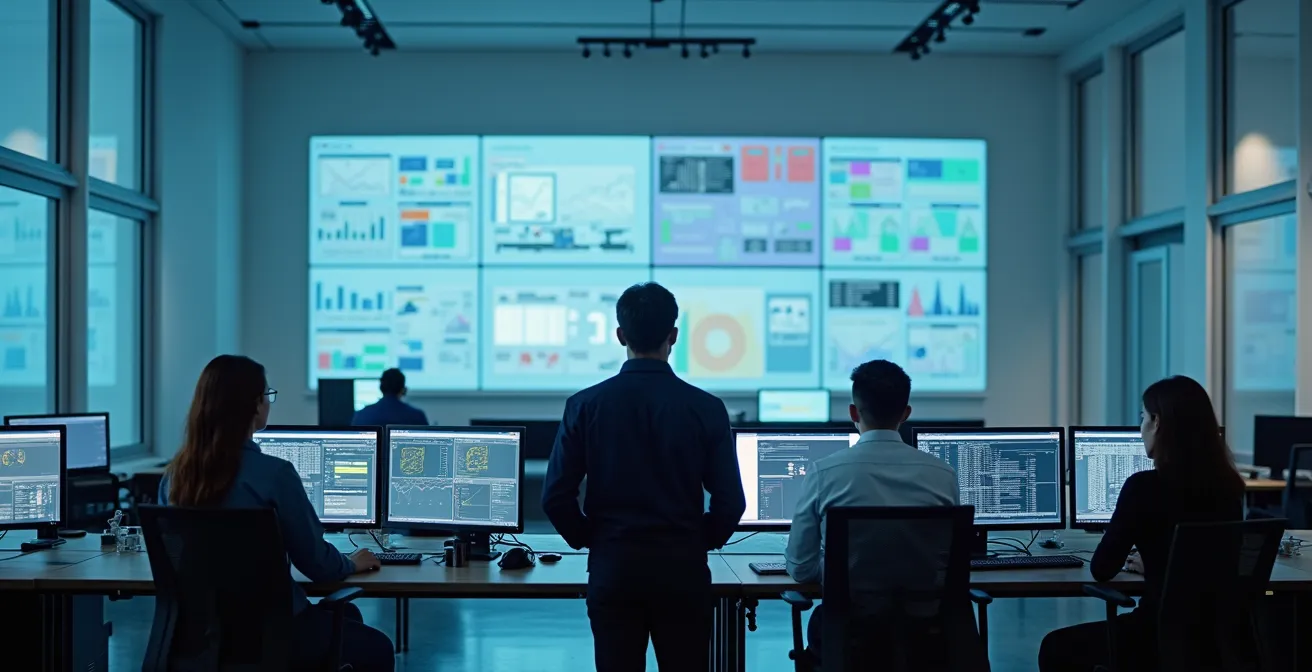 Wide angle view of modern logistics control room with operators monitoring multiple screens