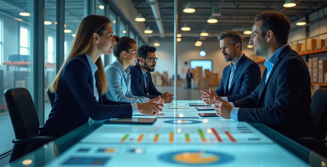 Diverse team collaborating around a holographic supply chain visualization