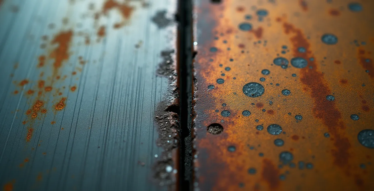 Extreme close-up comparison of new steel construction versus weathered industrial surface