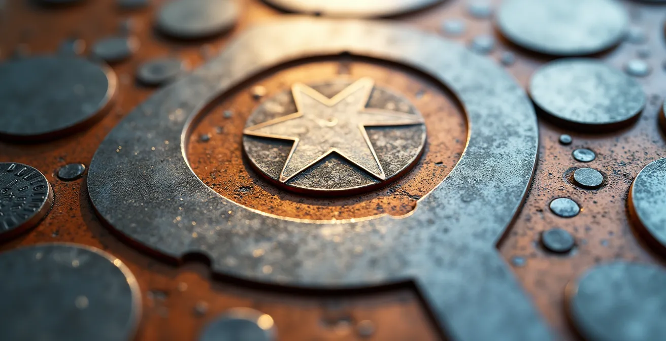 Extreme close-up of metallic calculator keys with various international currency symbols etched in relief