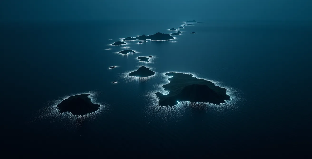 Abstract representation of disconnected data silos in ocean shipping creating visibility gaps