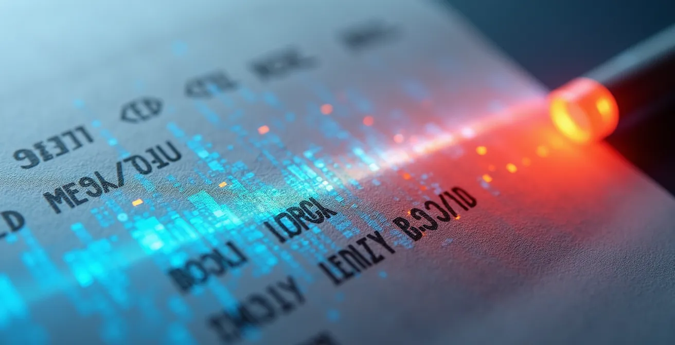 Extreme close-up of invoice paper texture with digital scanning light pattern