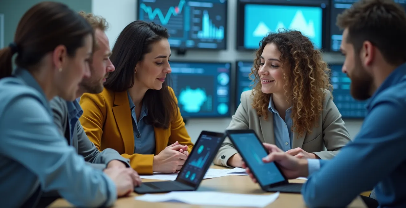 Collaborative team evaluating pilot program results in modern logistics facility