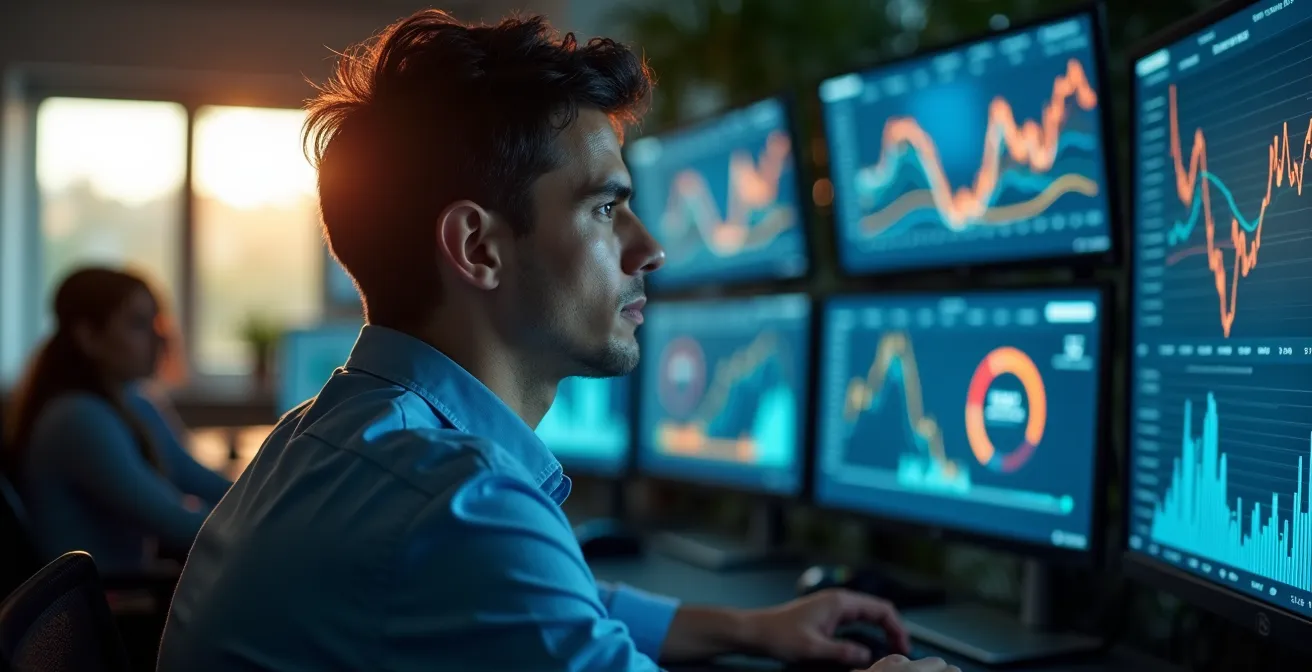 Professional monitoring real-time quota data on multiple screens with abstract visualizations