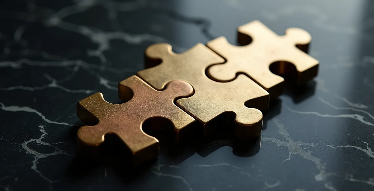 Abstract representation of a secure escrow mechanism with interlocking metal elements