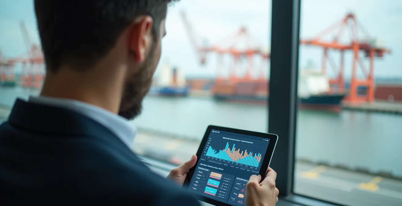 Logistics manager analyzing exception alerts on multiple screens showing cargo flow patterns