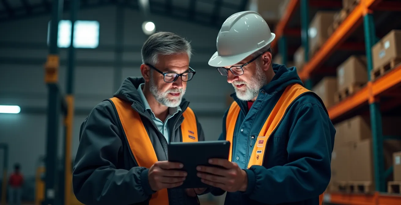 Warehouse workers engaged in peer-to-peer technology training