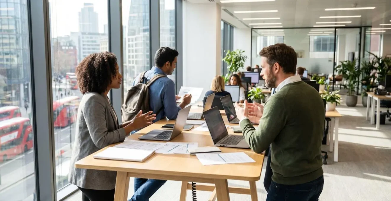 Three professionals from diverse cultural backgrounds collaborating at a standing desk in a modern office, shown from side and back angles in natural lighting