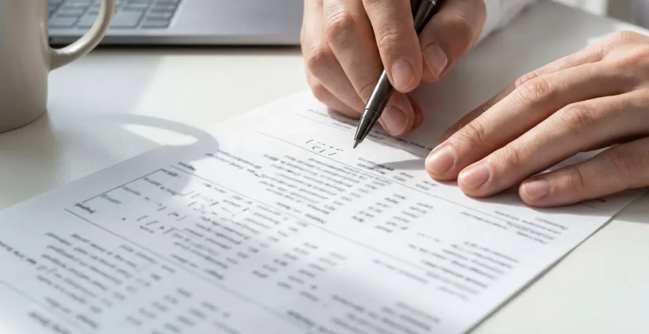 Close-up of hands with pen positioned over a structured framework document on a clean white desk surface in natural lighting