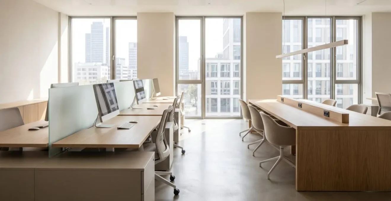 Contemporary office layout featuring both private individual workstations and open collaborative workspace area in bright natural lighting
