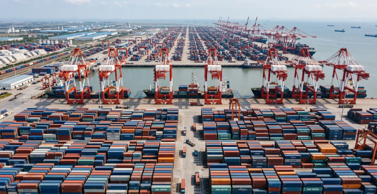 Aerial view of a major Chinese container port terminal showing hundreds of stacked shipping containers in organized rows, multiple red and white gantry cranes along the quayside actively handling cargo, and extensive port infrastructure stretching to the horizon