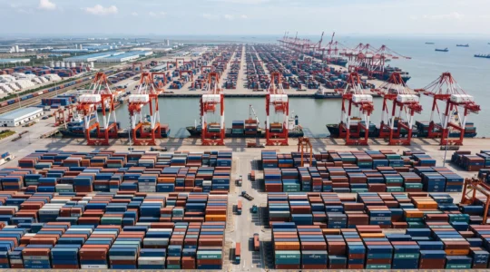 Aerial view of a major Chinese container port terminal showing hundreds of stacked shipping containers in organized rows, multiple red and white gantry cranes along the quayside actively handling cargo, and extensive port infrastructure stretching to the horizon