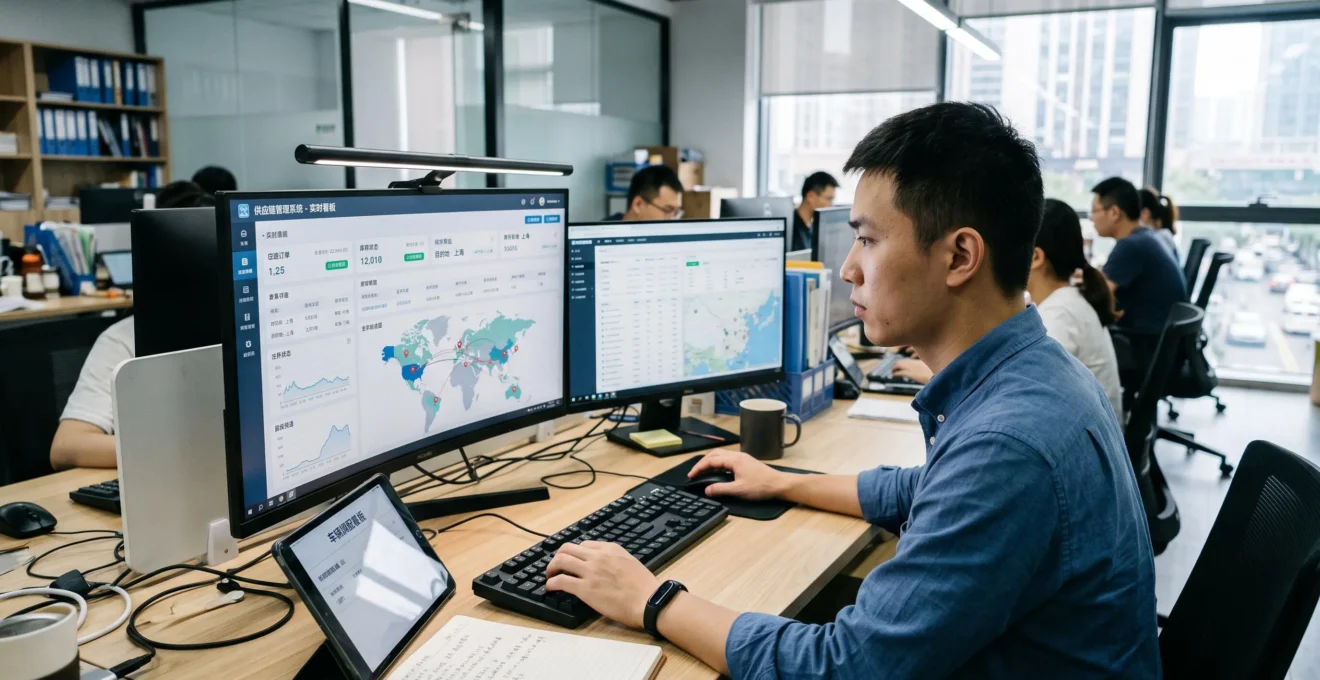 Logistics coordinator at modern workstation with dual monitors displaying supply chain tracking dashboards showing shipment data, inventory levels, and world map with route visualizations, with hands on keyboard actively managing real-time operations