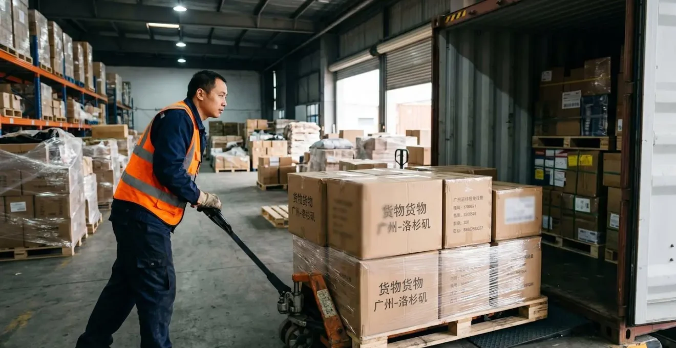 Warehouse worker in safety vest loading stacked cardboard shipping boxes into an open container using a pallet jack at a Chinese freight consolidation facility, with organized cargo visible inside the container and additional palletized goods in the background